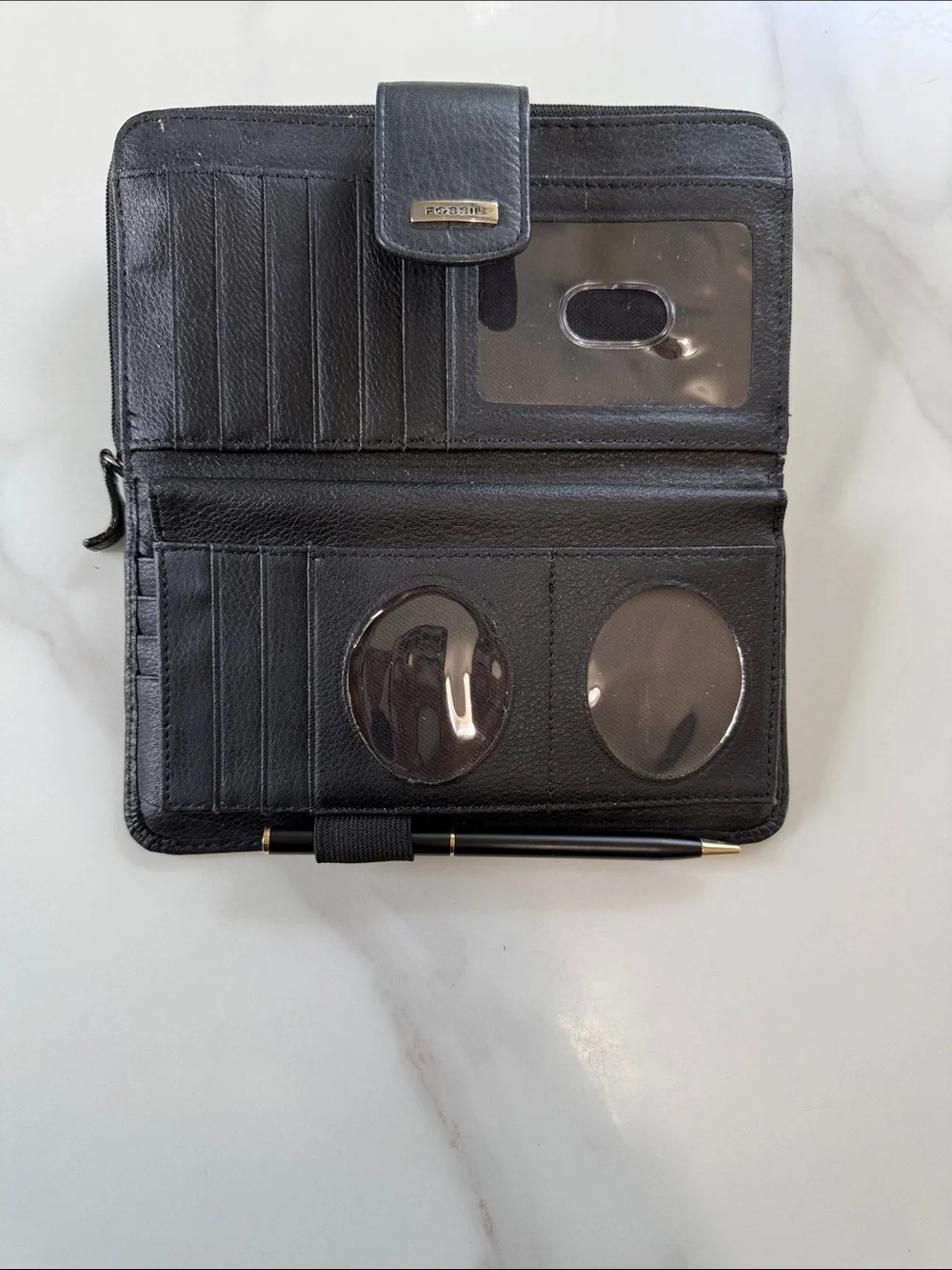 Fossil Black Leather Zip-Around Wallet with Gold Accent